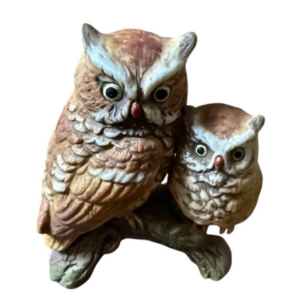 Napco Porcelain Two Owl Figurine Sitting on Branch # 314 w Sticker Japan 3.25"